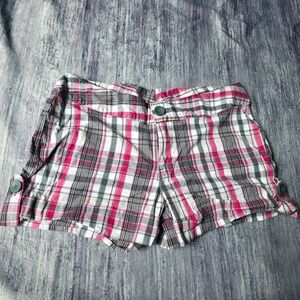 Y2K Vtg Mix & Co Plaid Pink‎ Gray White Women Casual Shorts Size M Button Detail